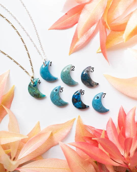 Rainbow Chrysocolla Crescent Moon Recycled Sterling Silver or Gold Necklace - The Healing Pear