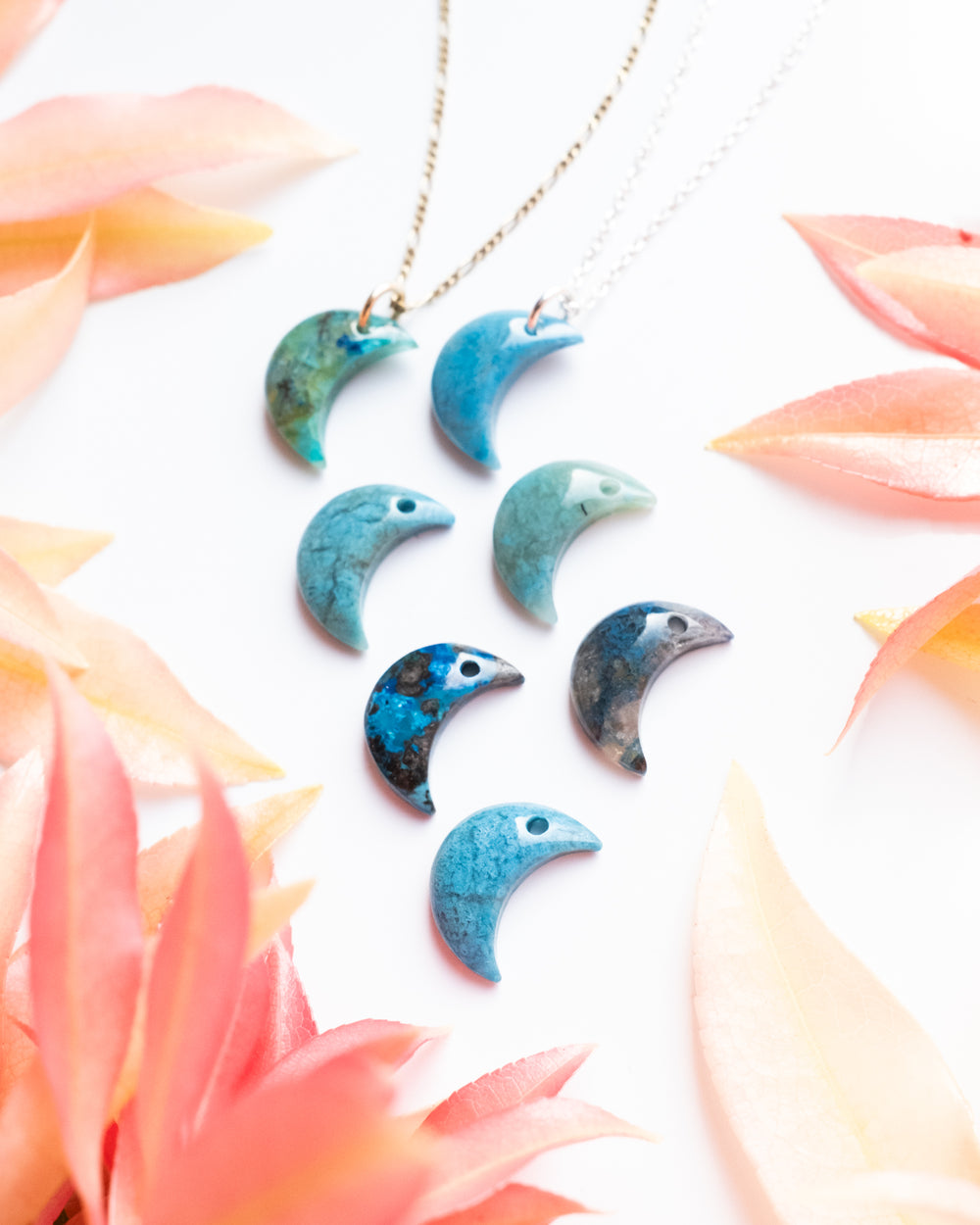 Rainbow Chrysocolla Crescent Moon Recycled Sterling Silver or Gold Necklace - The Healing Pear
