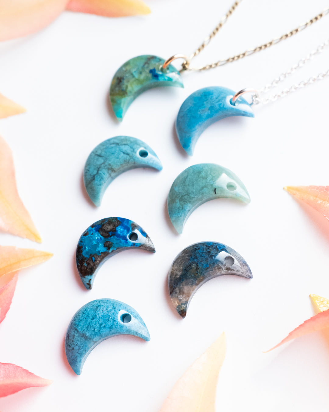 Rainbow Chrysocolla Crescent Moon Recycled Sterling Silver or Gold Necklace - The Healing Pear