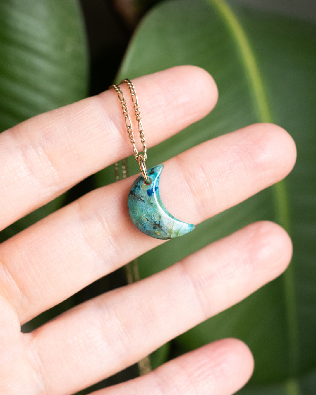 Rainbow Chrysocolla Crescent Moon Recycled Sterling Silver or Gold Necklace - The Healing Pear