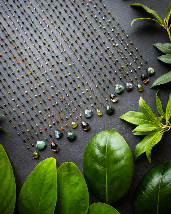 Emerald / Vesuvianite / Smoky Quartz / Labradorite Hand Knotted Beaded Necklace