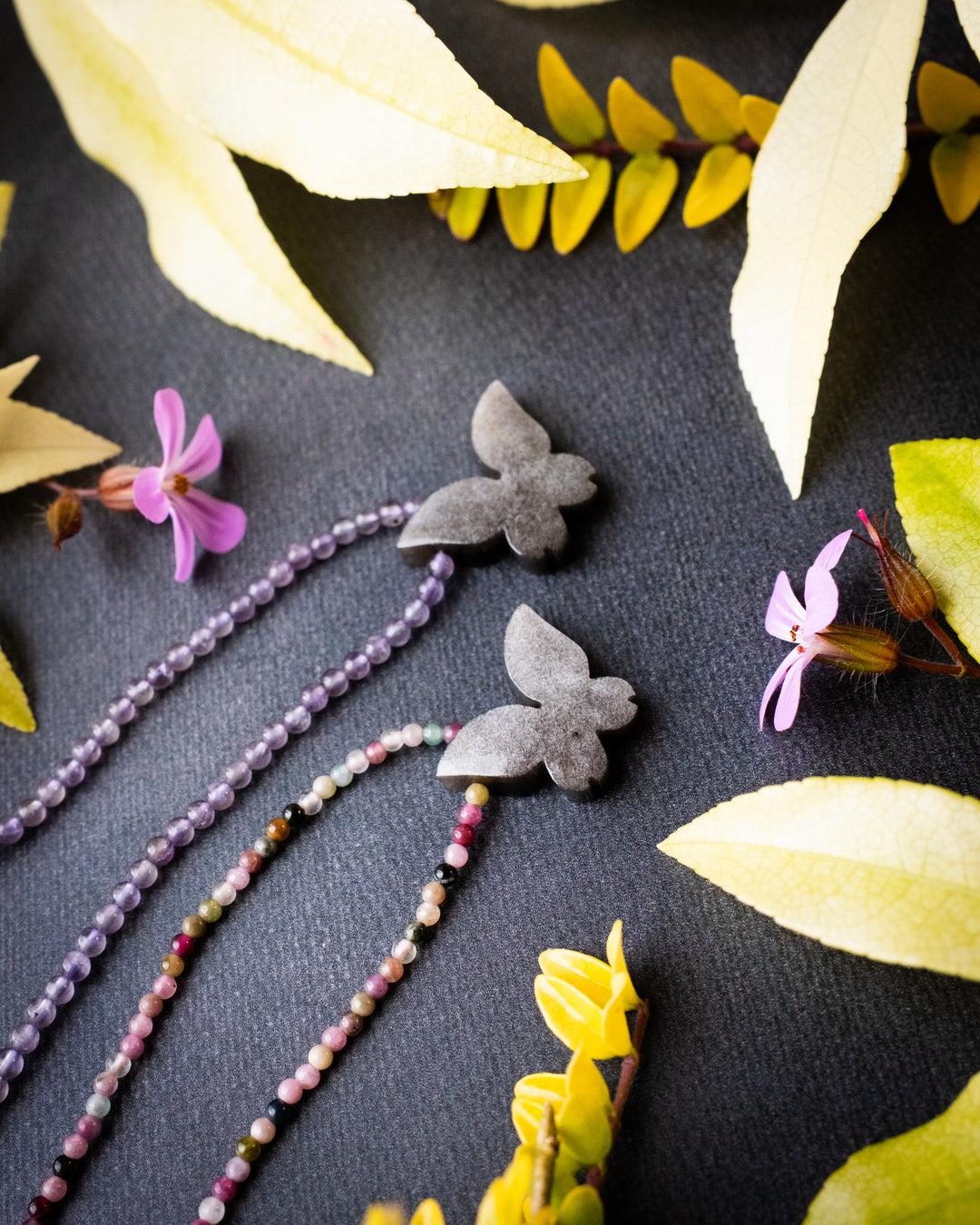 Silver Sheen Obsidian Hand Carved Butterfly Beaded Necklace - The Healing Pear