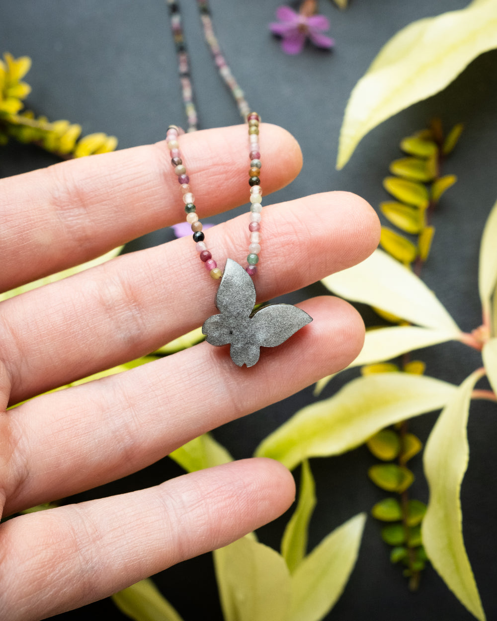 Silver Sheen Obsidian Hand Carved Butterfly Beaded Necklace - The Healing Pear