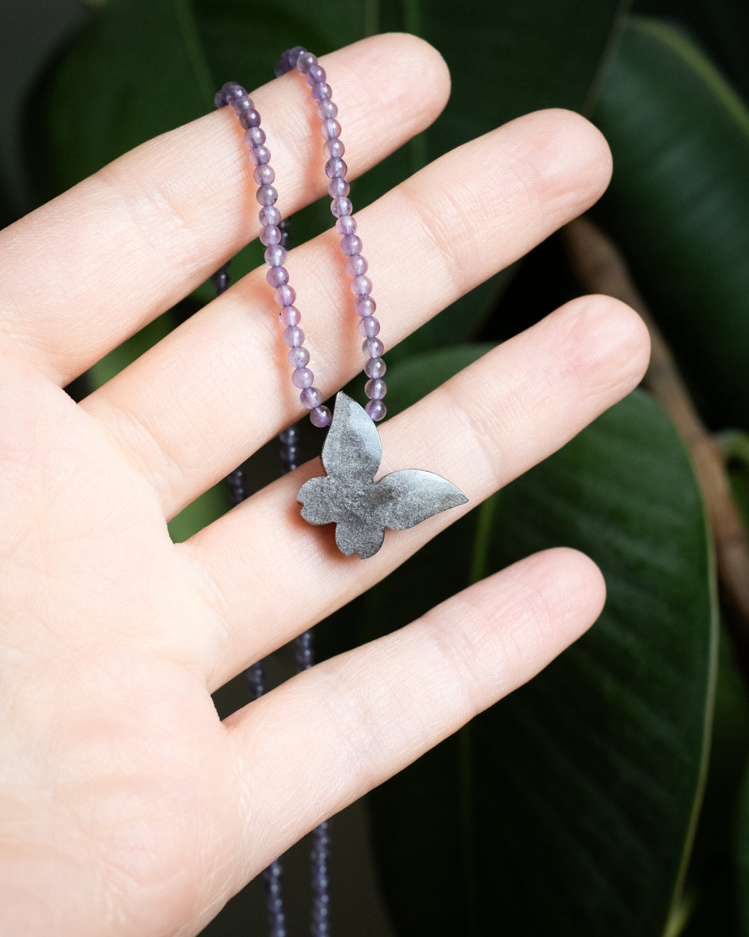 Silver Sheen Obsidian Hand Carved Butterfly Beaded Necklace - The Healing Pear