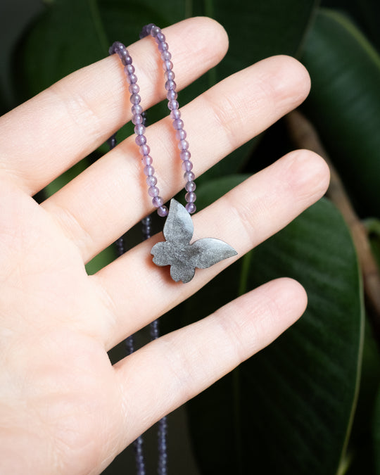 Silver Sheen Obsidian Hand Carved Butterfly Beaded Necklace - The Healing Pear