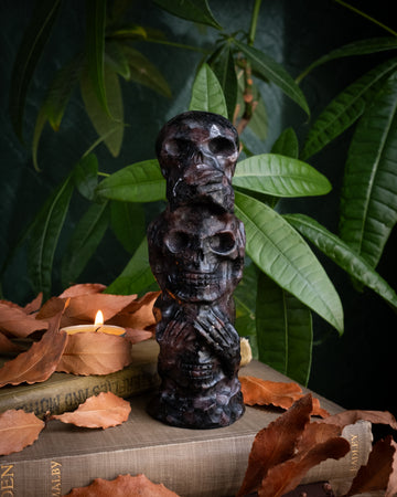 Garnet & Astrophyllite Ornamental Hand Carved Triple Skull Tower 757g