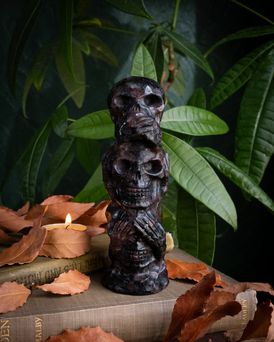 Garnet &amp; Astrophyllite Ornamental Hand Carved Triple Skull Tower 757g - The Healing Pear