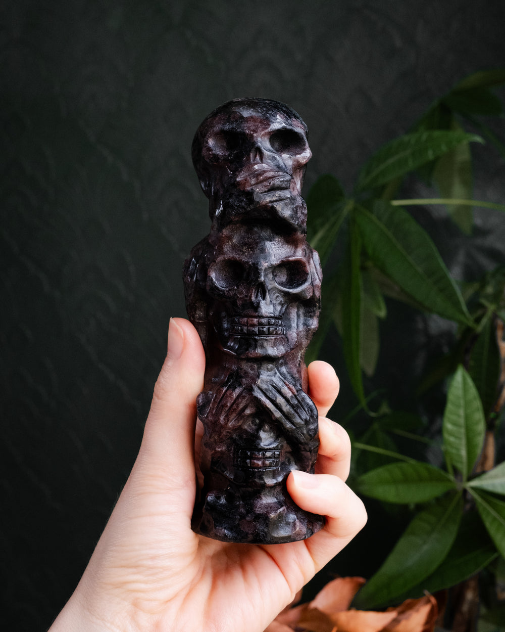 Garnet & Astrophyllite Ornamental Hand Carved Triple Skull Tower 757g - The Healing Pear
