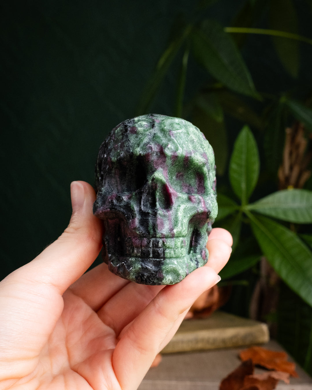 Ruby in Zoisite Ornamental Hand Carved Skull 475g - The Healing Pear