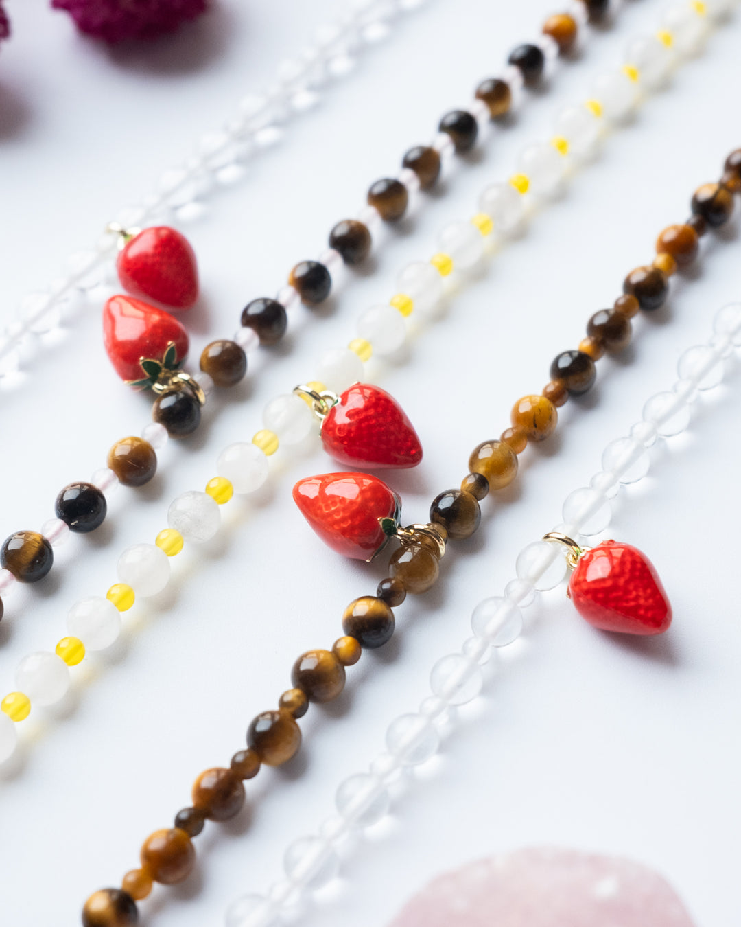 Enamel Strawberry & Gemstone Beaded Bracelet