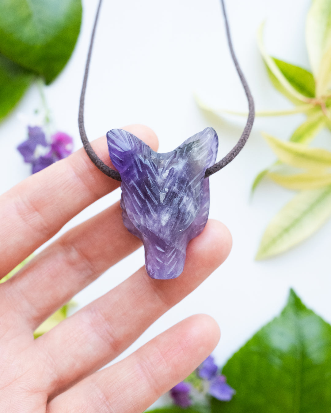 Amethyst Hand Carved Wolf Necklace - The Healing Pear