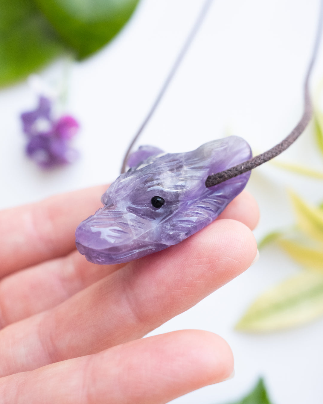 Amethyst Hand Carved Wolf Necklace - The Healing Pear