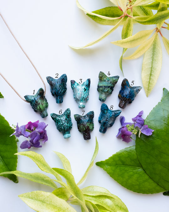 Small Rainbow Chrysocolla Hand Carved Wolf Necklace - The Healing Pear