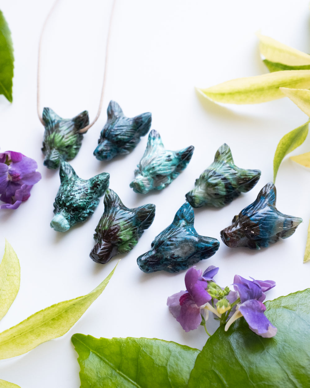 Small Rainbow Chrysocolla Hand Carved Wolf Necklace - The Healing Pear