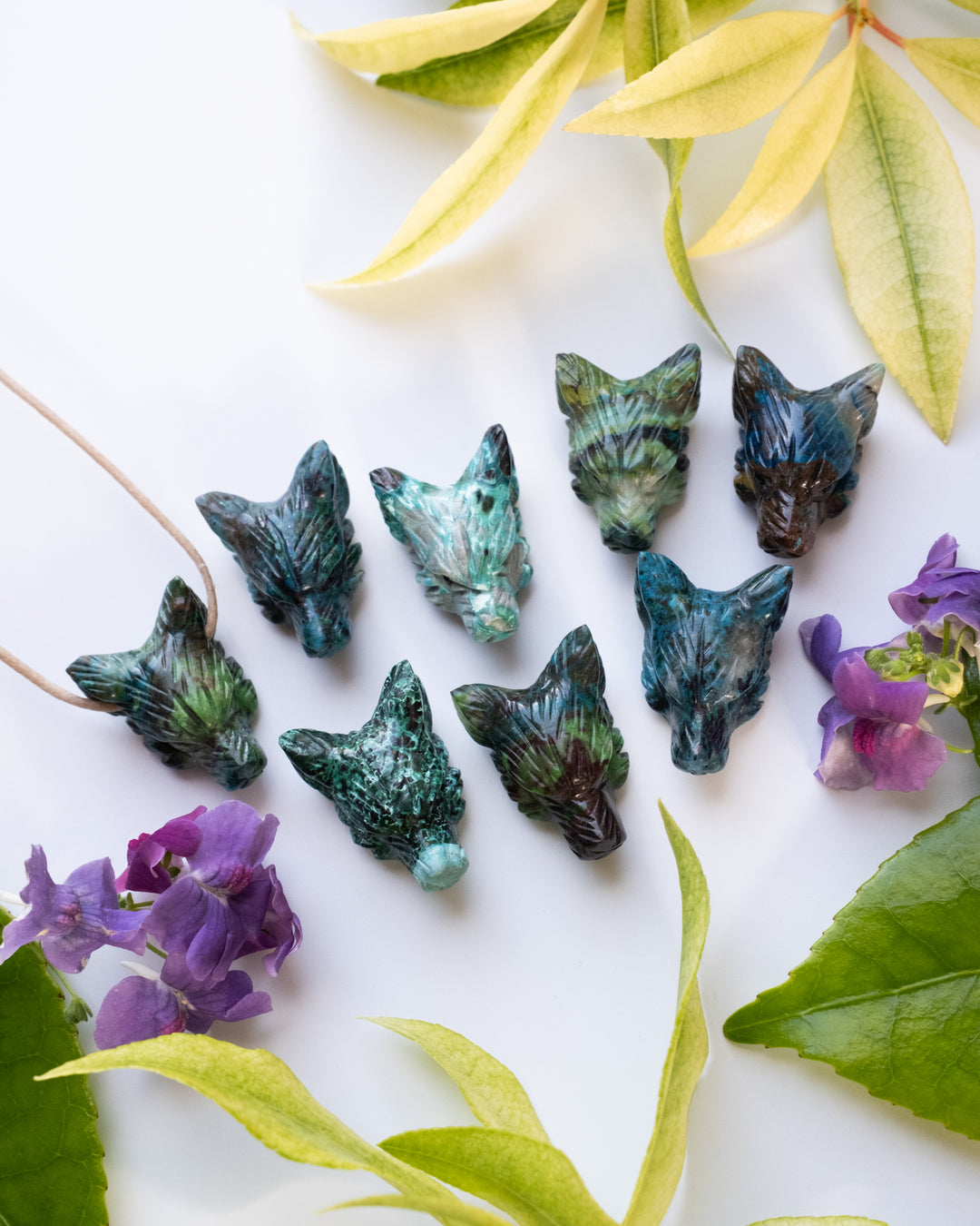Small Rainbow Chrysocolla Hand Carved Wolf Necklace - The Healing Pear