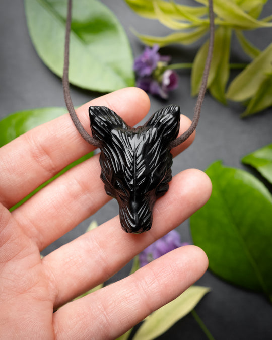Obsidian Hand Carved Wolf Necklace