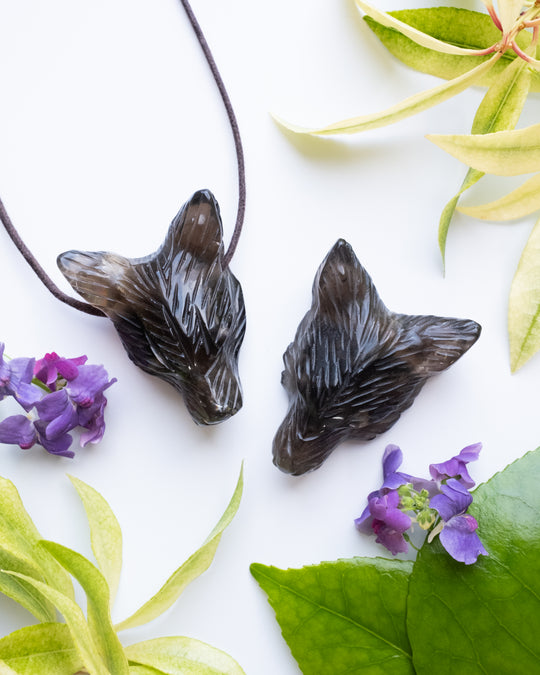 Large Smoky Quartz Carved Wolf Necklace - The Healing Pear