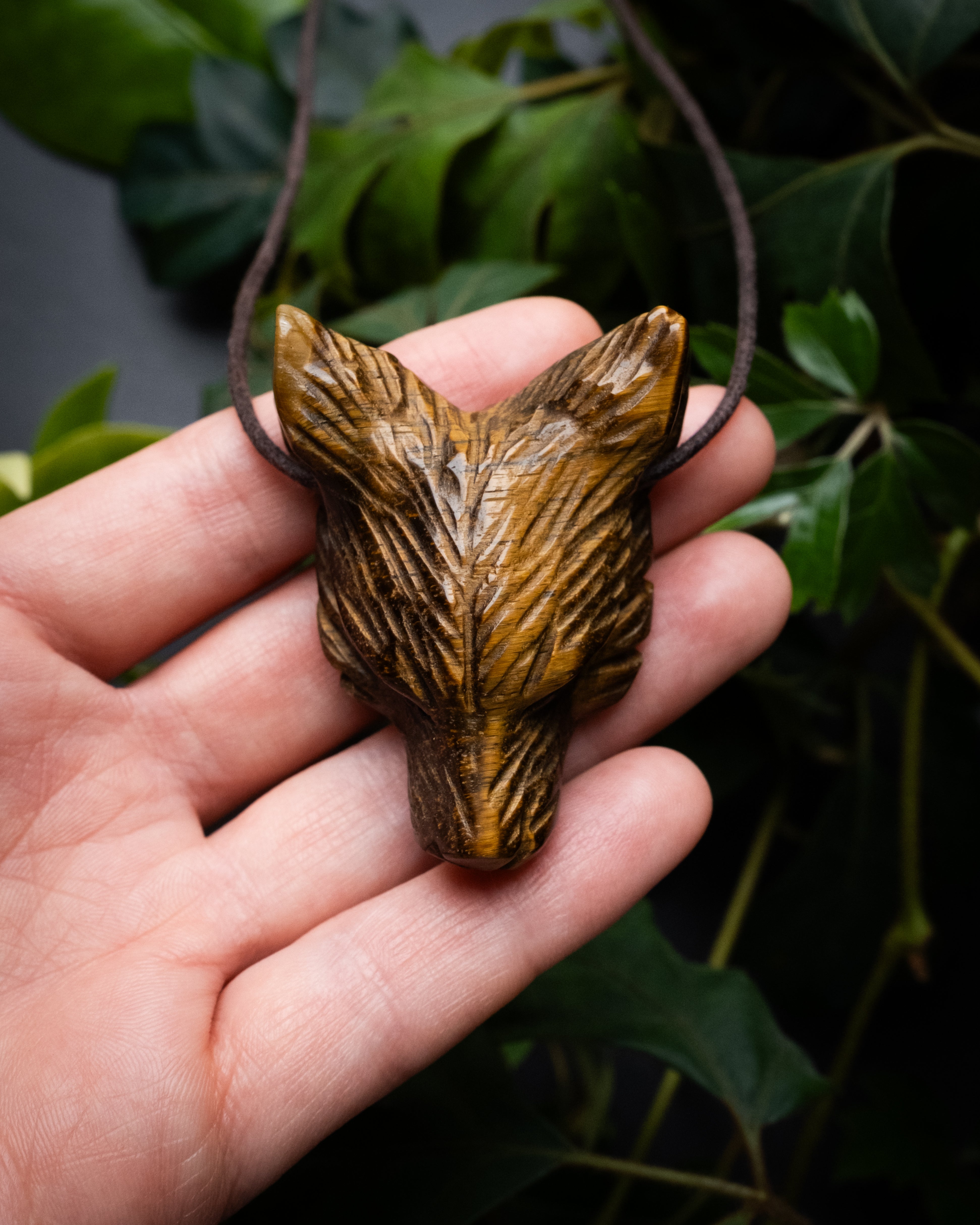 Large Tiger's Eye Hand Carved Wolf Necklace - The Healing Pear