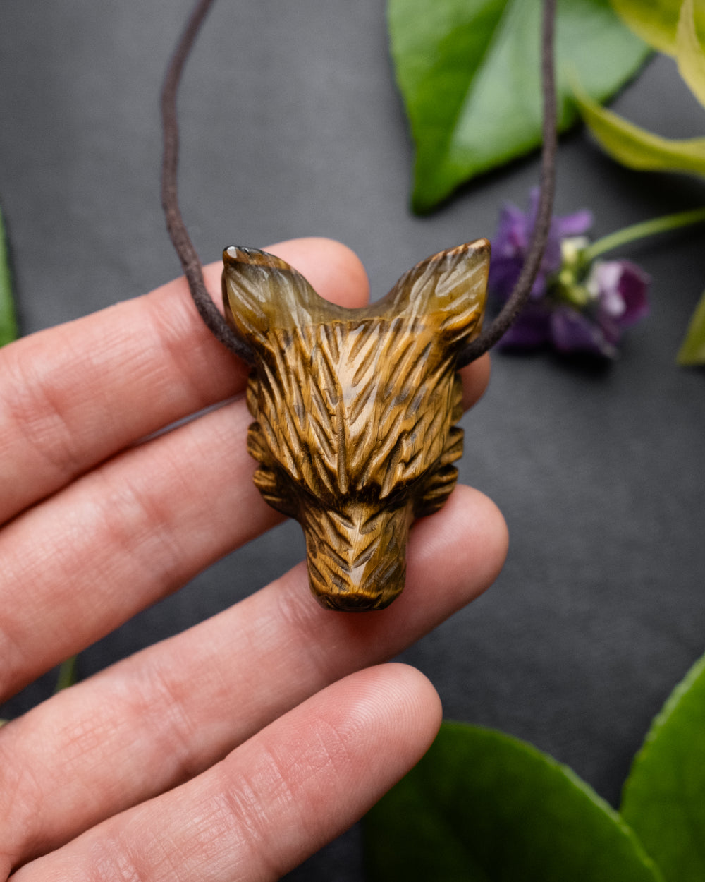 Tiger's Eye Hand Carved Wolf Necklace