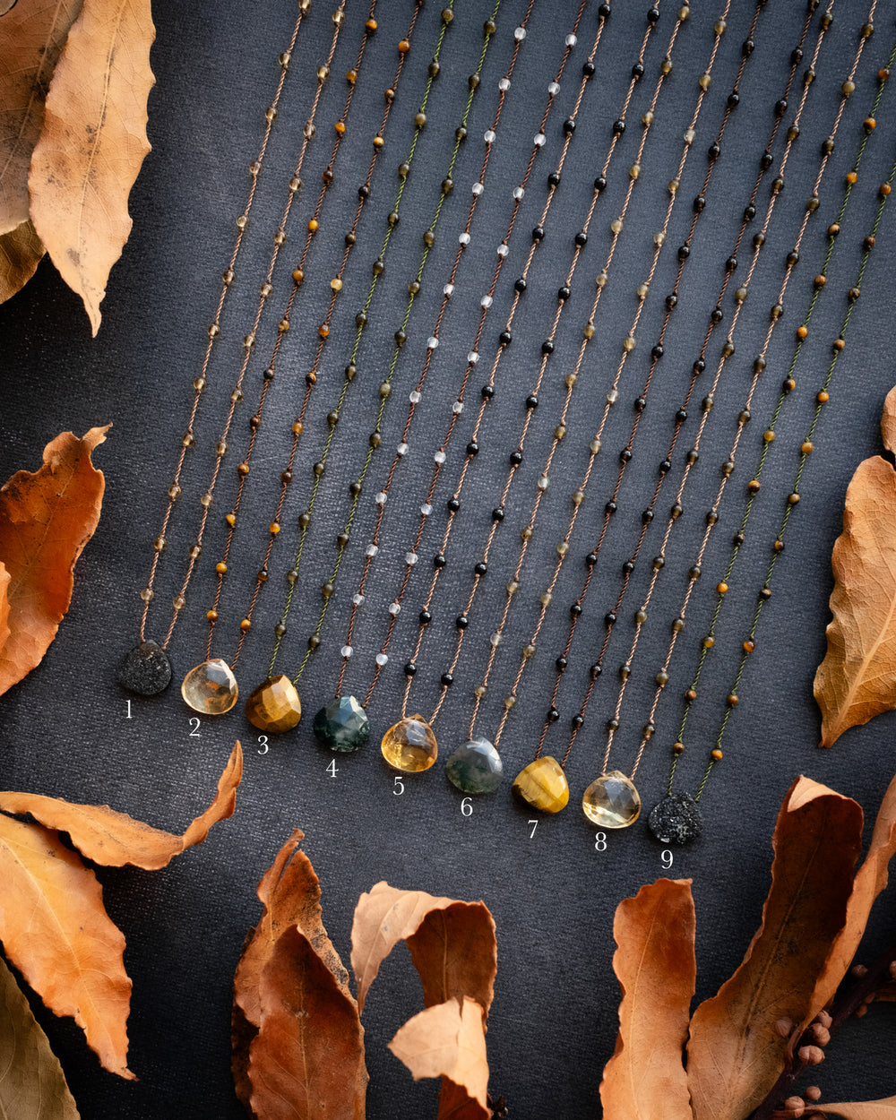 Natural Citrine / Tiger's Eye / Moss Agate / Black Druzy Agate Hand Knotted Beaded Necklace