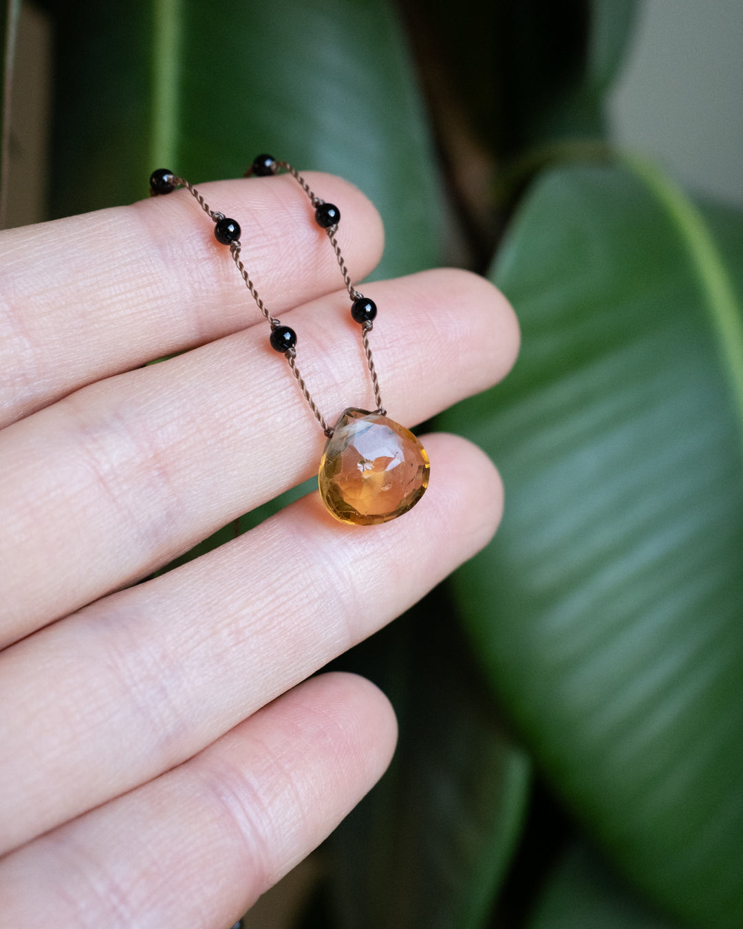 Natural Citrine / Tiger's Eye / Moss Agate / Black Druzy Agate Hand Knotted Beaded Necklace