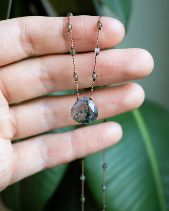 Natural Citrine / Tiger's Eye / Moss Agate / Black Druzy Agate Hand Knotted Beaded Necklace