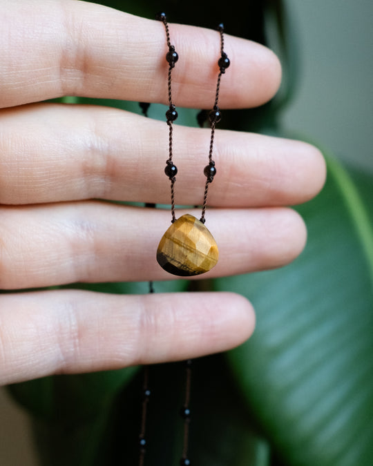 Natural Citrine / Tiger's Eye / Moss Agate / Black Druzy Agate Hand Knotted Beaded Necklace