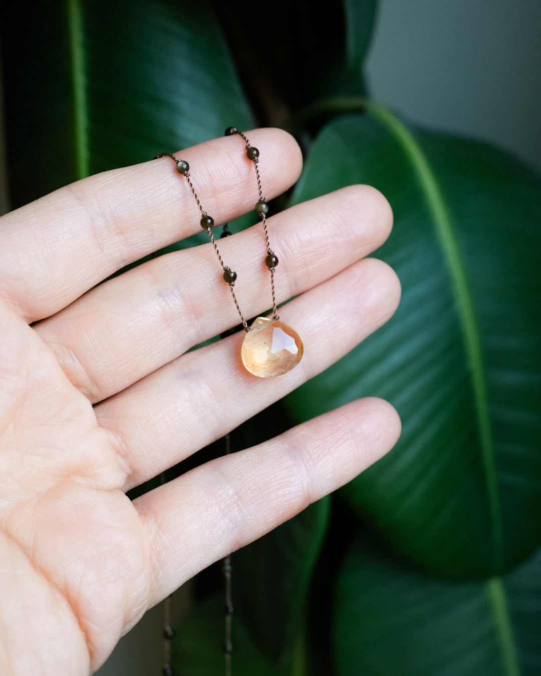 Natural Citrine / Tiger's Eye / Moss Agate / Black Druzy Agate Hand Knotted Beaded Necklace