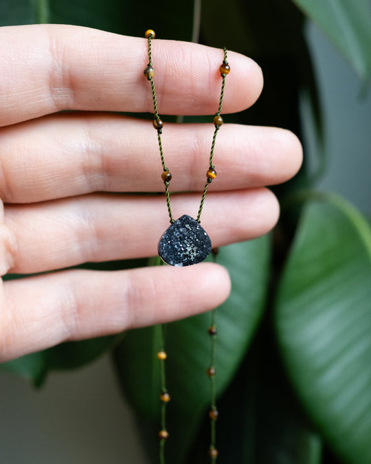 Natural Citrine / Tiger's Eye / Moss Agate / Black Druzy Agate Hand Knotted Beaded Necklace