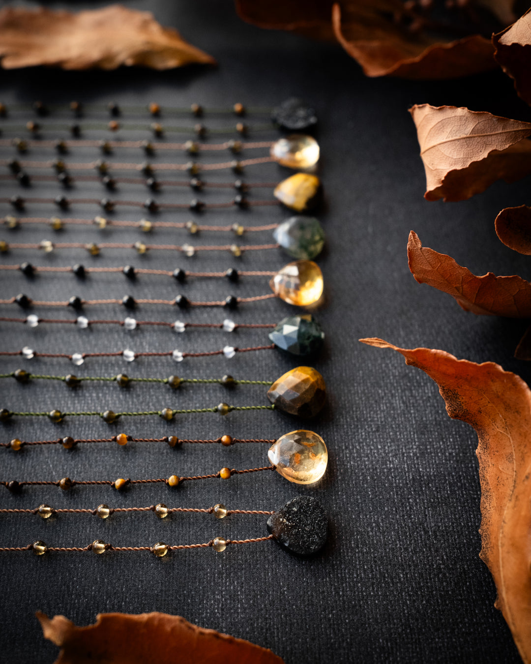 Natural Citrine / Tiger's Eye / Moss Agate / Black Druzy Agate Hand Knotted Beaded Necklace