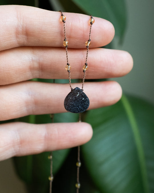 Natural Citrine / Tiger's Eye / Moss Agate / Black Druzy Agate Hand Knotted Beaded Necklace