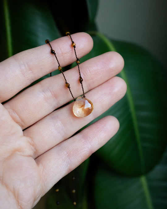 Natural Citrine / Tiger's Eye / Moss Agate / Black Druzy Agate Hand Knotted Beaded Necklace