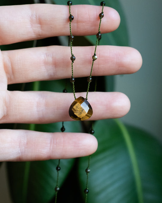 Natural Citrine / Tiger's Eye / Moss Agate / Black Druzy Agate Hand Knotted Beaded Necklace