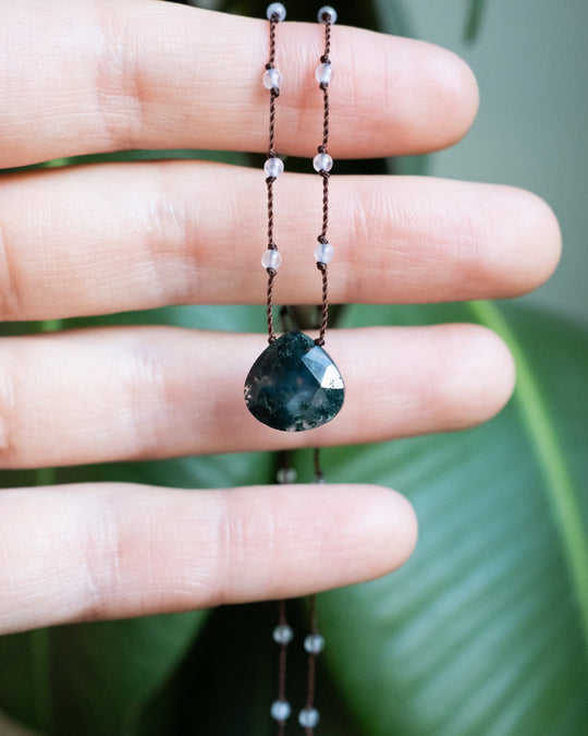 Natural Citrine / Tiger's Eye / Moss Agate / Black Druzy Agate Hand Knotted Beaded Necklace