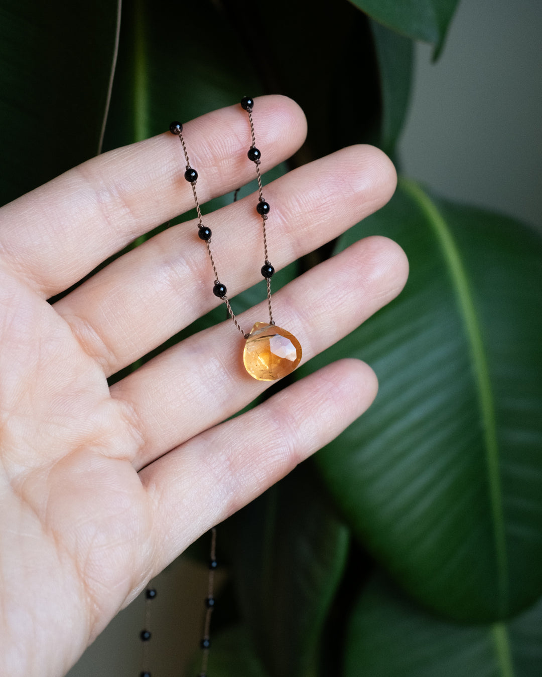 Natural Citrine / Tiger's Eye / Moss Agate / Black Druzy Agate Hand Knotted Beaded Necklace