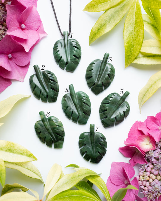 African Jade Hand Carved Monstera Leaf / Cheese Plant Necklace