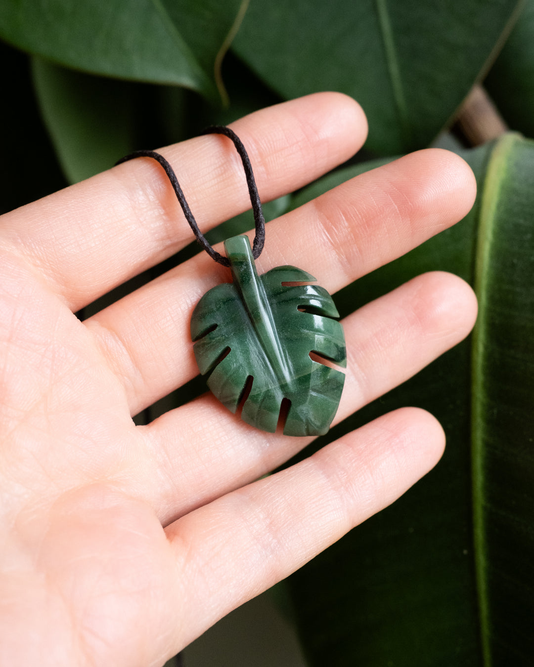 African Jade Hand Carved Monstera Leaf / Cheese Plant Necklace
