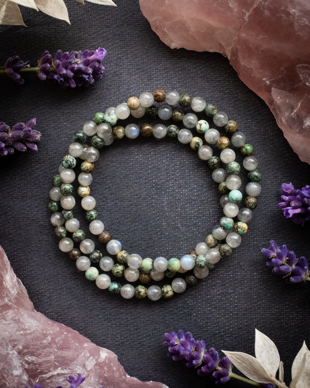 Labradorite & African Turquoise Round Bead Bracelet 4mm - The Healing Pear