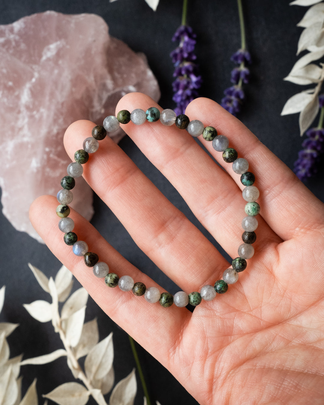 Labradorite & African Turquoise Round Bead Bracelet 4mm - The Healing Pear