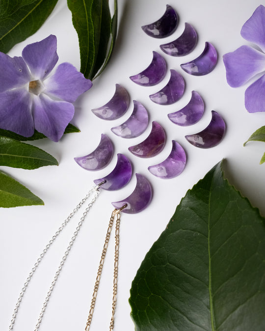 Amethyst Crescent Moon Recycled Sterling Silver or Gold Necklace