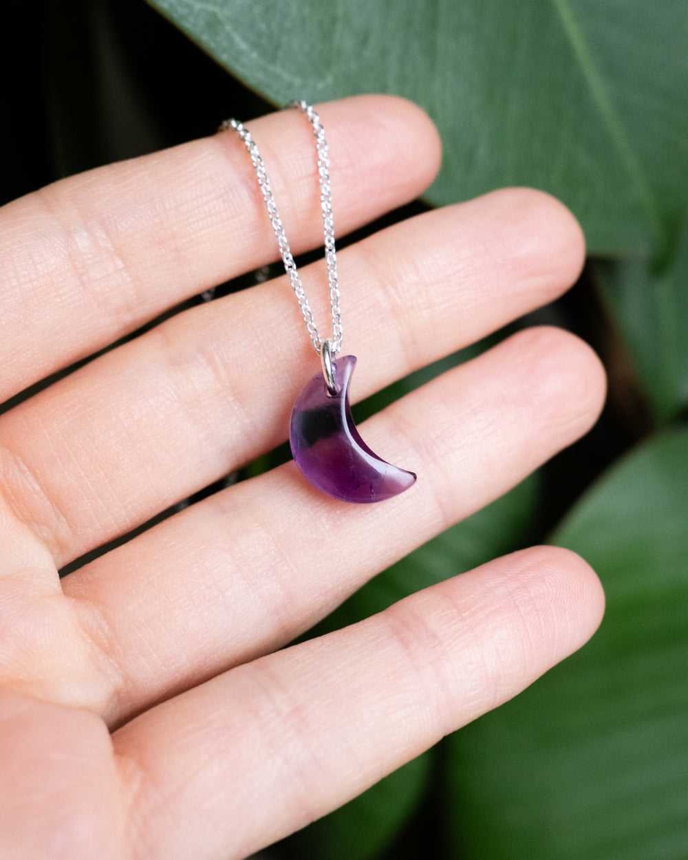 Amethyst Crescent Moon Recycled Sterling Silver or Gold Necklace