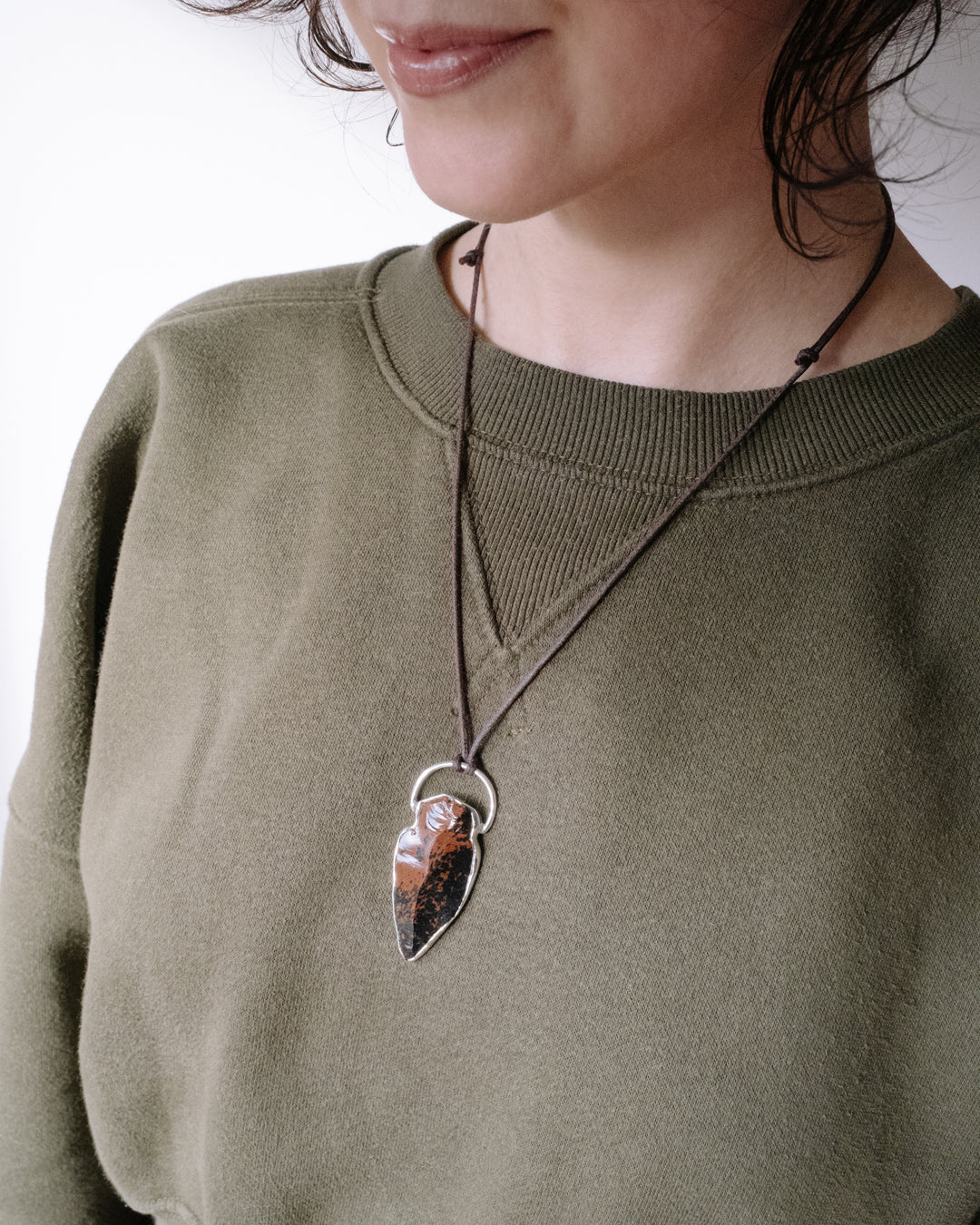 Mahogany Obsidian Hand Knapped Arrowhead Sterling Silver Necklace