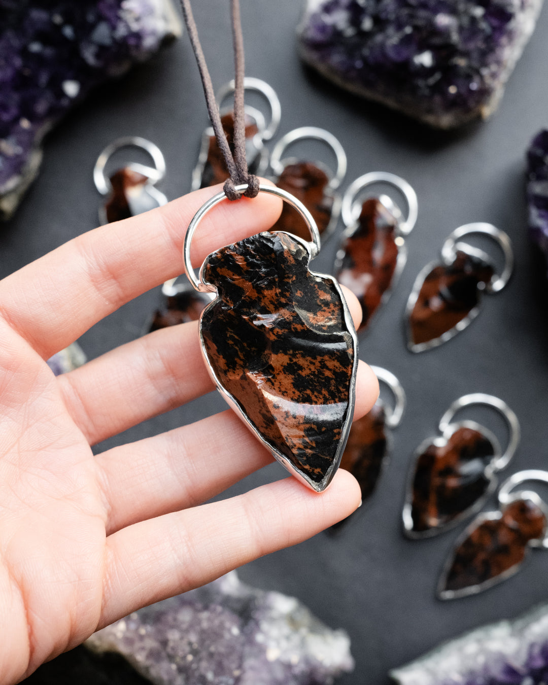 Mahogany Obsidian Hand Knapped Arrowhead Sterling Silver Necklace