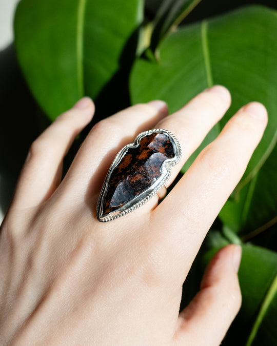 Mahogany Obsidian Arrowhead Ring in Sterling Silver - Size L UK / 5 1/2 US