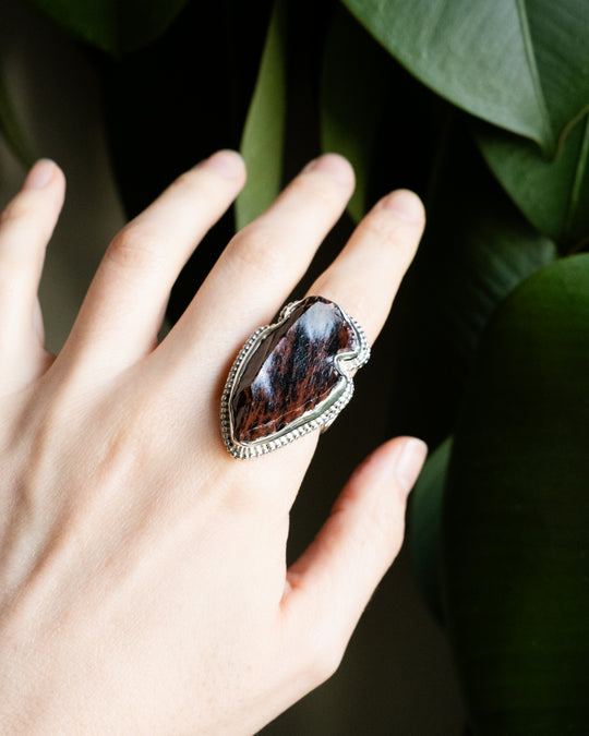 Mahogany Obsidian Arrowhead Ring in Sterling Silver - Size Q 1/2 UK / 8 1/4 US - The Healing Pear