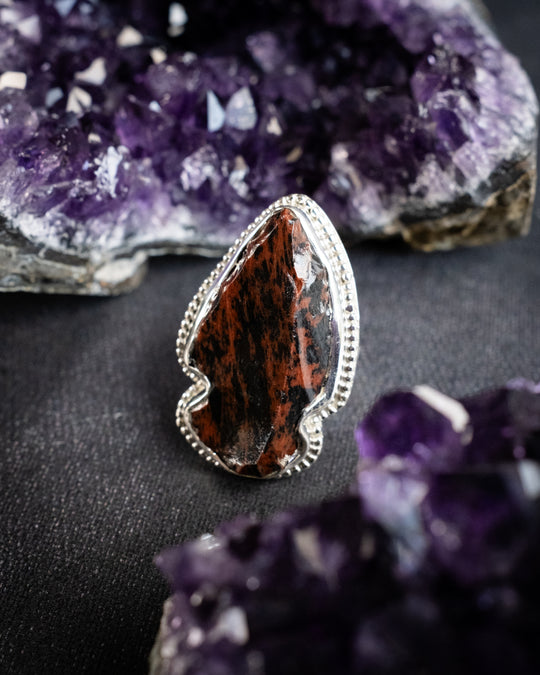 Mahogany Obsidian Arrowhead Ring in Sterling Silver - Size Q 1/2 UK / 8 1/4 US - The Healing Pear