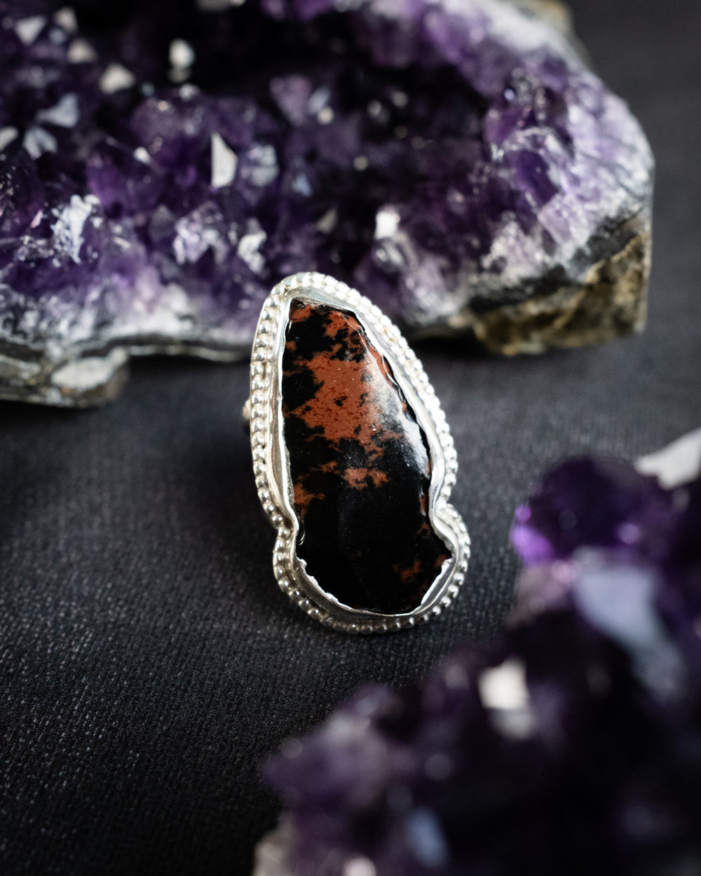 Mahogany Obsidian Arrowhead Ring in Sterling Silver - Size O UK / 7 US