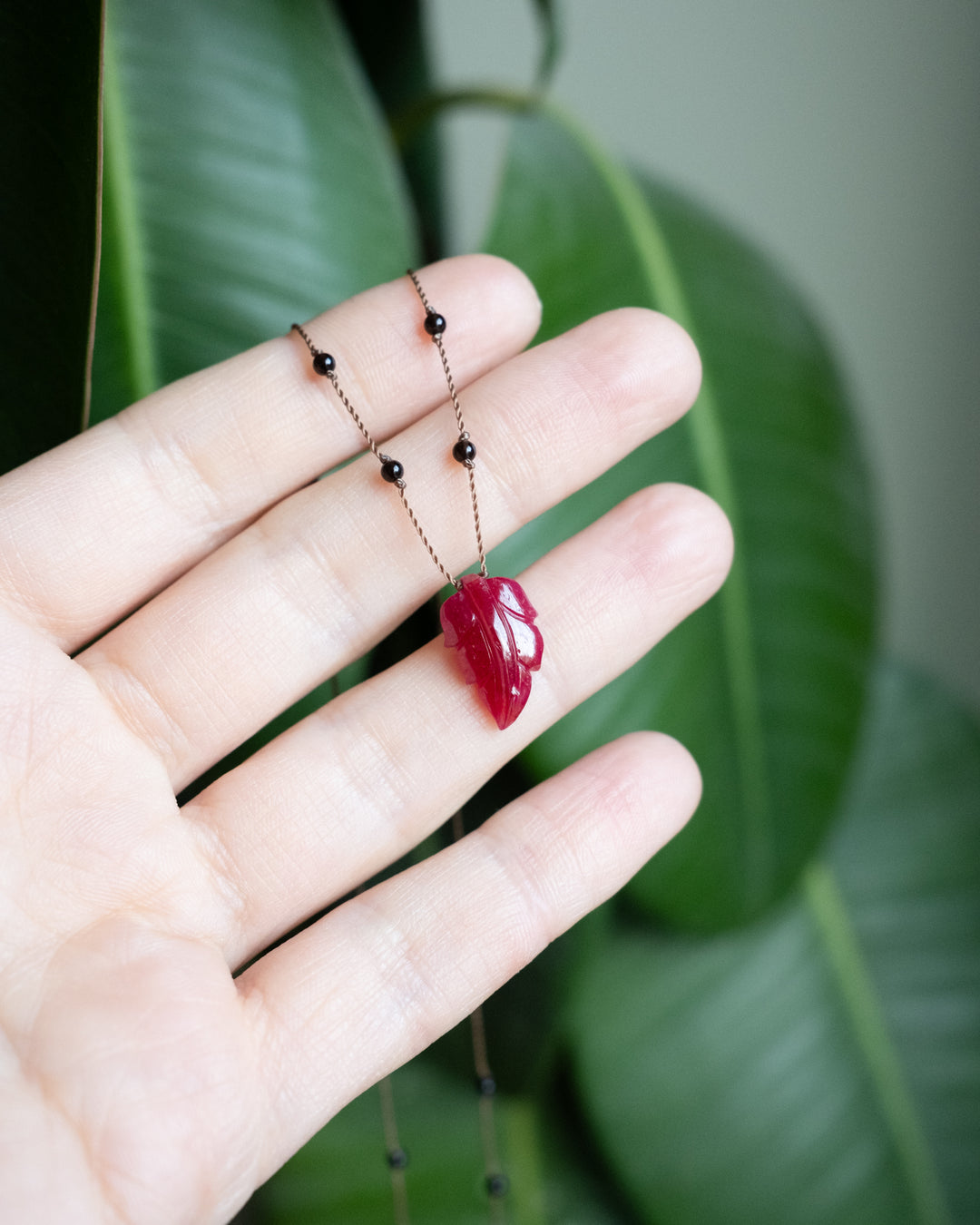 Tanzanian Ruby Hand Carved Leaf Beaded Necklace