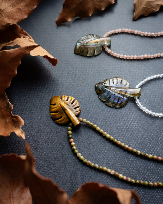 Hand Carved Monstera / Cheese Plant Beaded Necklace