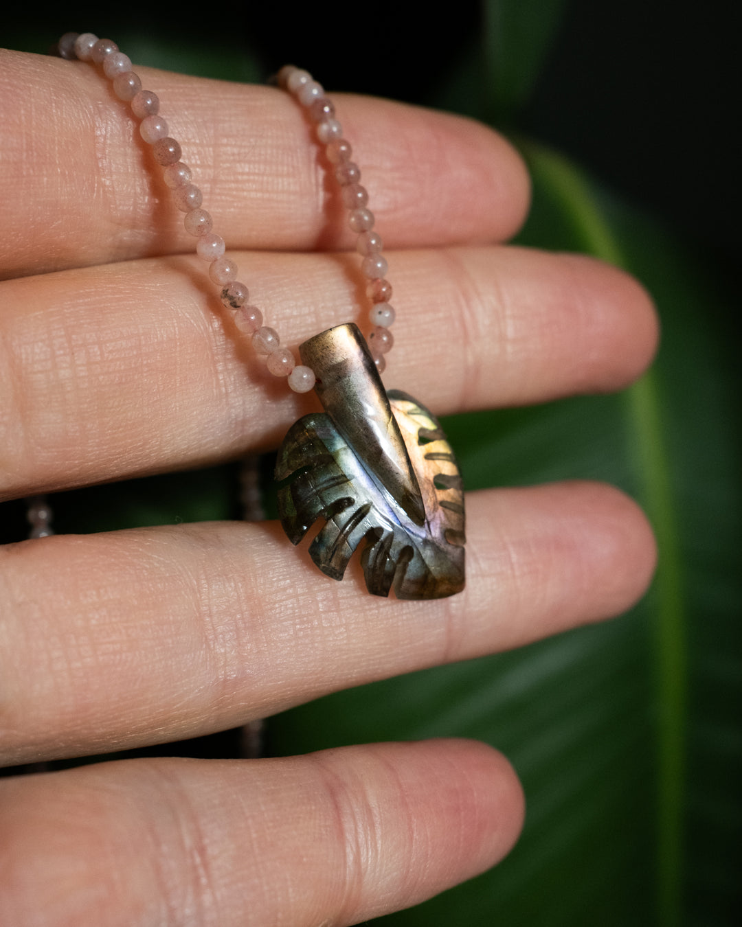 Hand Carved Monstera / Cheese Plant Beaded Necklace